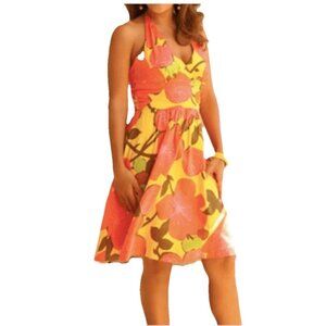 TRINA TURK Yellow/Orange Floral Retro Halter Short Sundress Sz 4